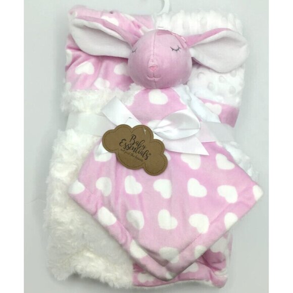 Baby Essentials Bunny Baby Blanket & Lovey Set Pink White Heart Minky Plush